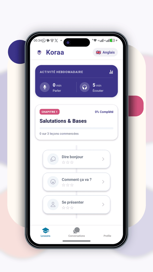 Accueil de l'application Koraa : choix des langues maternelles et leçons