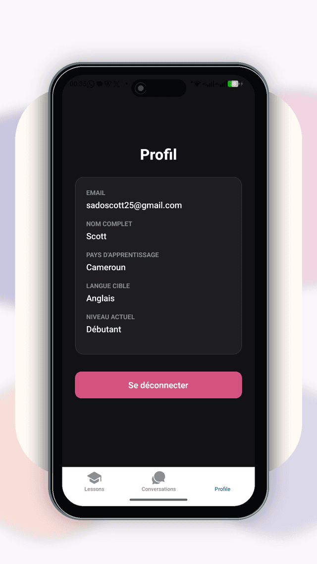 Réglages de l'application Koraa : choix de la langue pont et mode hors-ligne